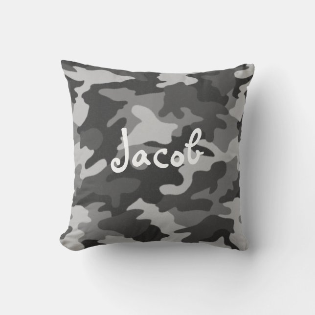 Zwart-witte Camouflage Pillow met monogram Kussen (Voorkant)
