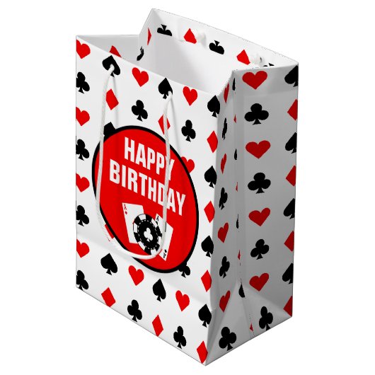 Zwart-witte casino-chips en -kaarten medium cadeauzakje (Voorkant Gekanteld)