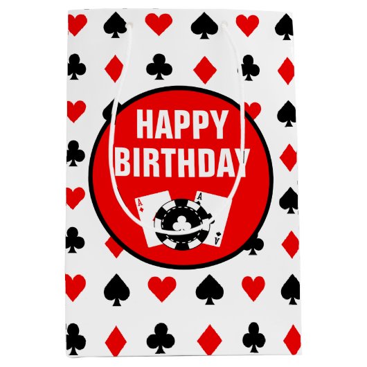 Zwart-witte casino-chips en -kaarten medium cadeauzakje (Voorkant)