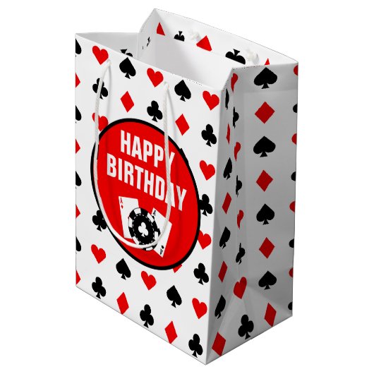 Zwart-witte casino-chips en -kaarten medium cadeauzakje (Achterkant Gekanteld)