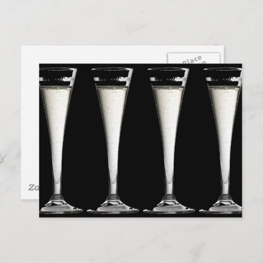Zwart-witte champagne-glasblaasjes briefkaart (Voorkant / Achterkant)