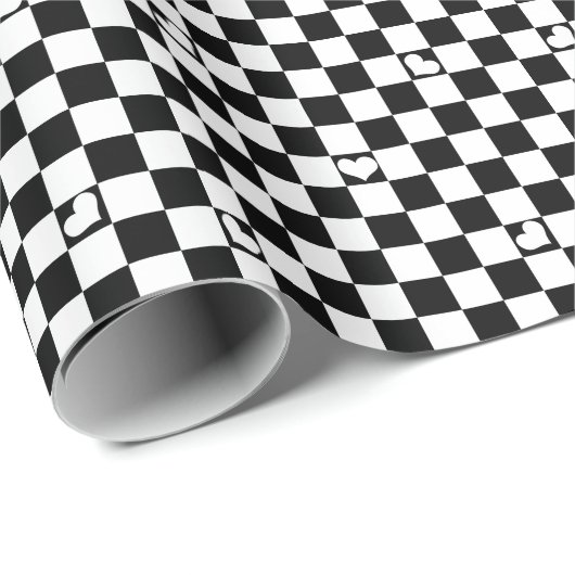 Zwart-witte cheque met hartdetail cadeaupapier (Rol Hoek)