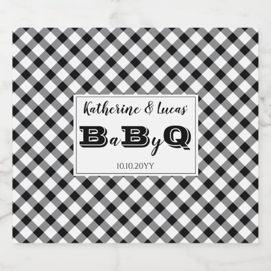 Zwart | Witte cheques Baby Q BBQ Shower Bier Etiket (Enkel label)