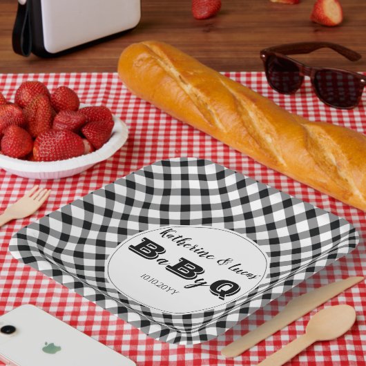 Zwart | Witte cheques Baby Q BBQ Shower Papieren Bordje (Picknick)