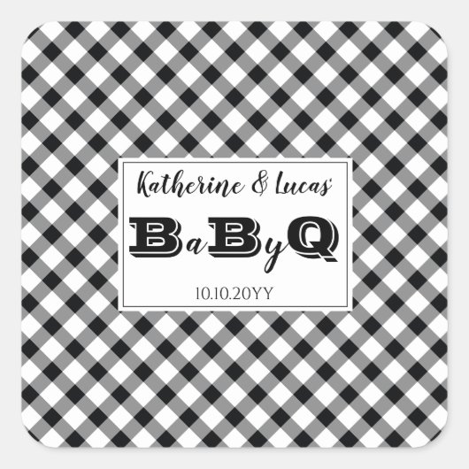 Zwart | Witte cheques Baby Q BBQ Shower Vierkante Sticker (Voorkant)