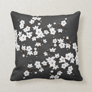 Zwart-witte Cherry Blossom Black Achtergrond Kussen
