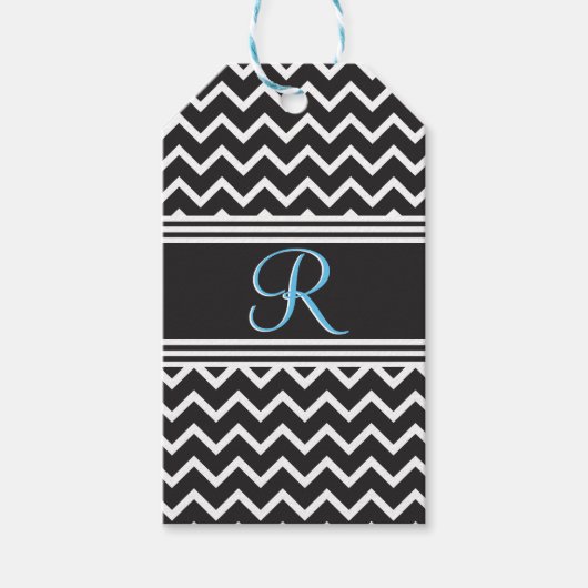 Zwart | Witte Chevron Gothic Zigzag Monogram Cadeaulabel (Voorkant)