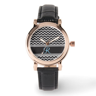 Zwart   Witte Chevron Gothic Zigzag Monogram Horloge