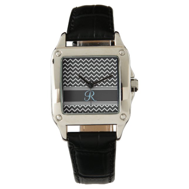 Zwart | Witte Chevron Gothic Zigzag Monogram Horloge (Voorkant)