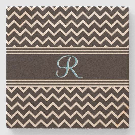 Zwart | Witte Chevron Gothic Zigzag Monogram Stenen Onderzetter (Voorkant)