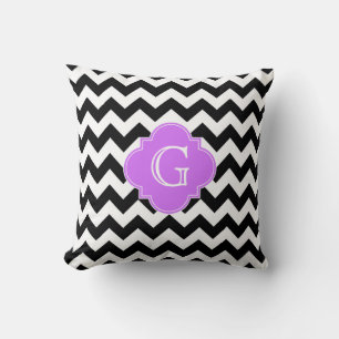 Zwart Witte Chevron Lila Quatrefoil Monogram Kussen