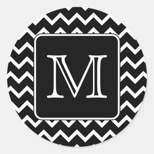Zwart-witte Chevron met aangepast monogram. Ronde Sticker (Voorkant)