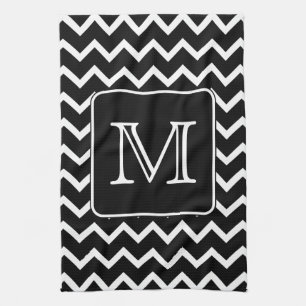 Zwart-witte Chevron met aangepast monogram. Theedoek