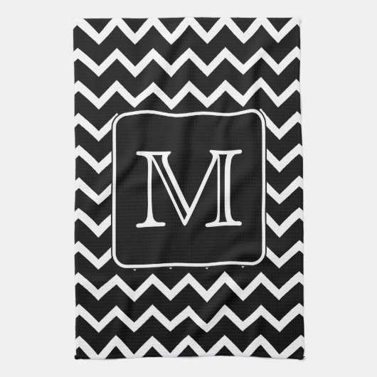 Zwart-witte Chevron met aangepast monogram. Theedoek (Verticaal)