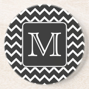 Zwart-witte Chevron met aangepast monogram. Zandsteen Onderzetter