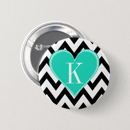 Zwart-witte Chevron met Blauwgroen hartmonogram Ronde Button 5,7 Cm (Voorkant /achterkant)