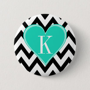 Zwart-witte Chevron met Blauwgroen hartmonogram Ronde Button 5,7 Cm