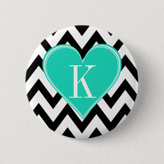 Zwart-witte Chevron met Blauwgroen hartmonogram Ronde Button 5,7 Cm