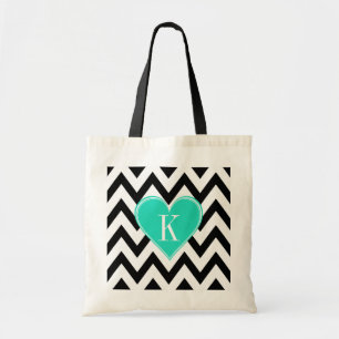 Zwart-witte Chevron met Blauwgroen hartmonogram Tote Bag