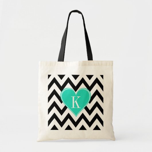 Zwart-witte Chevron met Blauwgroen hartmonogram Tote Bag (Voorkant)
