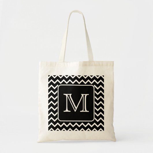 Zwart-witte Chevron met het Monogram van de Douane Tote Bag (Voorkant)