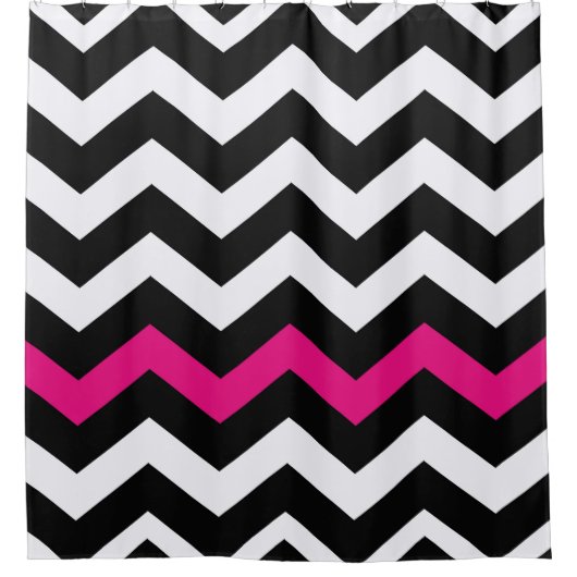 Zwart-witte Chevron met hot-roze accessoire Douchegordijn (Voorkant)