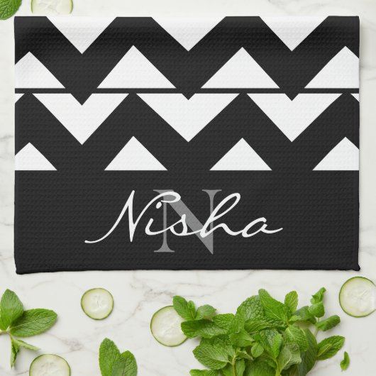 Zwart-witte Chevron Monogram Theedoek (Gevouwen)