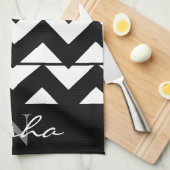 Zwart-witte Chevron Monogram Theedoek (Quarter Fold)