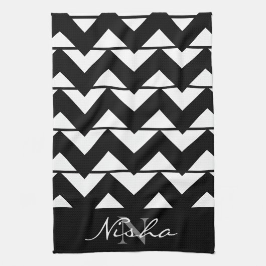 Zwart-witte Chevron Monogram Theedoek (Verticaal)