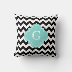 Zwart Witte Chevron Zig-Zag Turquoise Monogram Kussen