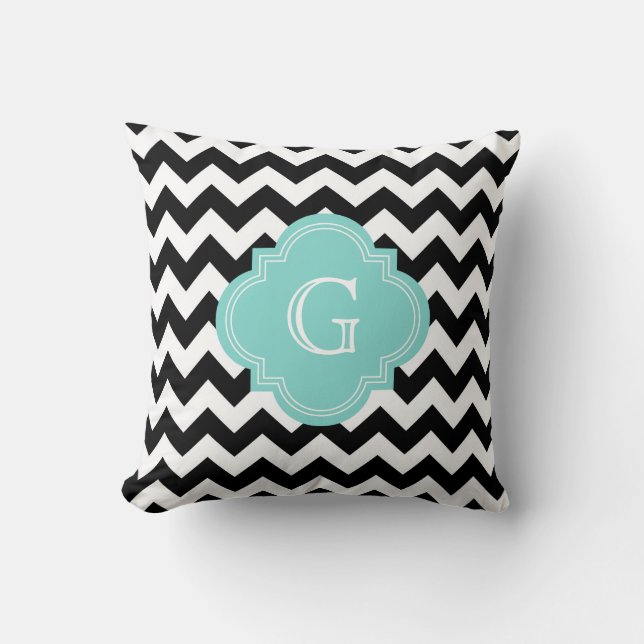 Zwart Witte Chevron Zig-Zag Turquoise Monogram Kussen (Voorkant)