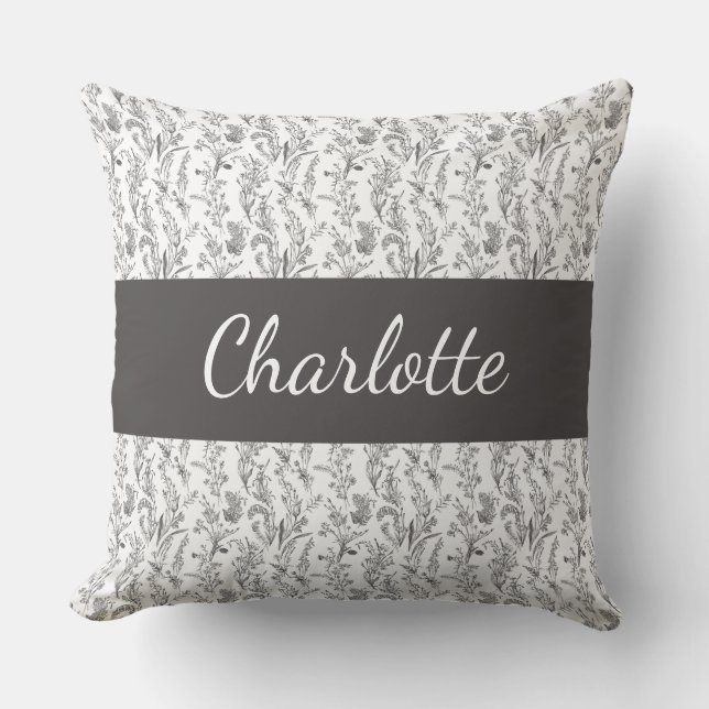Zwart Witte Chic Toile Bloemstuk Aangepaste Naam Kussen (Voorkant)