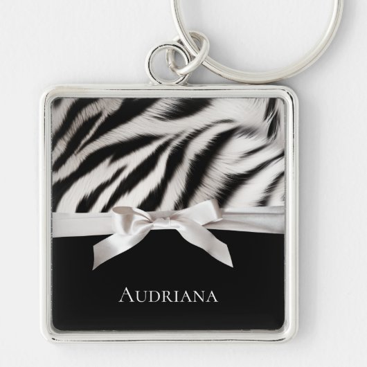 Zwart Witte Chic Zebraprint Strik Sleutelhanger (Voorkant)