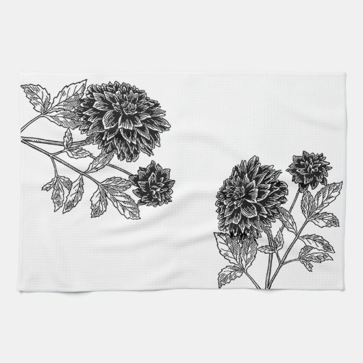 Zwart-Witte Dahlia Theedoek (Horizontaal)