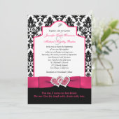 Zwart-witte Damascus, roze glitter Hearts Invite 2 Kaart (Staand voorkant)
