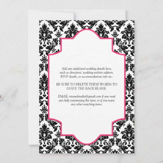 Zwart-witte Damascus, roze glitter Hearts Invite 2 Kaart (Achterkant)