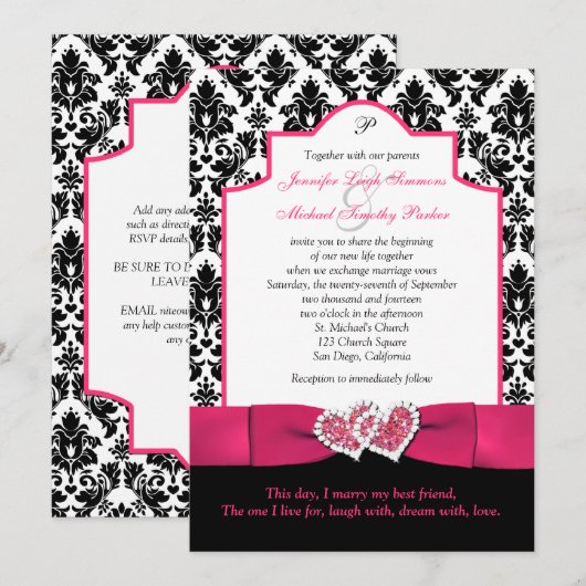 Zwart-witte Damascus, roze glitter Hearts Invite 2 Kaart (Voorkant / Achterkant)