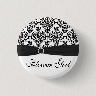Zwart-witte Damask Bloemenmeisje Pin Ronde Button 3,2 Cm