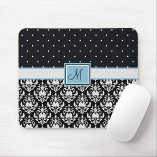 Zwart-witte Damask en Polka Dots Monogramed Muismat