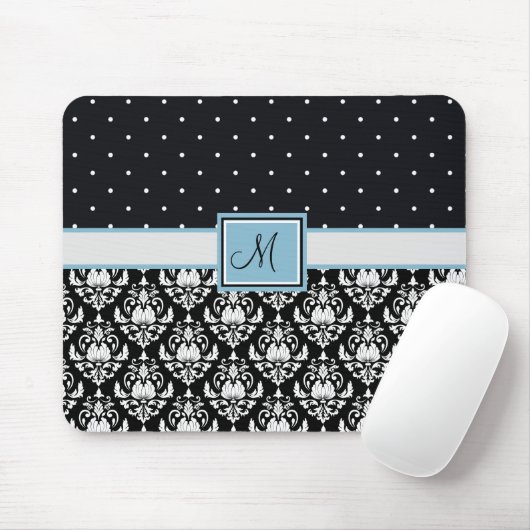 Zwart-witte Damask en Polka Dots Monogramed Muismat (Met muis)