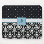 Zwart-witte Damask en Polka Dots Monogramed Muismat (Voorkant)