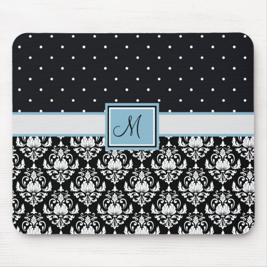 Zwart-witte Damask en Polka Dots Monogramed Muismat (Voorkant)