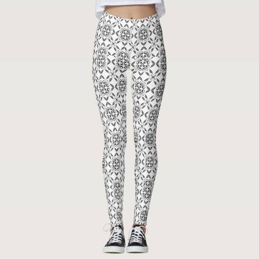 Zwart-witte Damask Leggings (Voorkant)