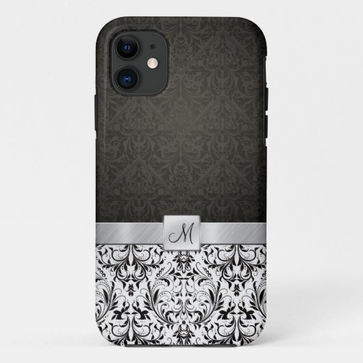 Zwart-witte Damask met Monogram Case-Mate iPhone Case (Achterkant)