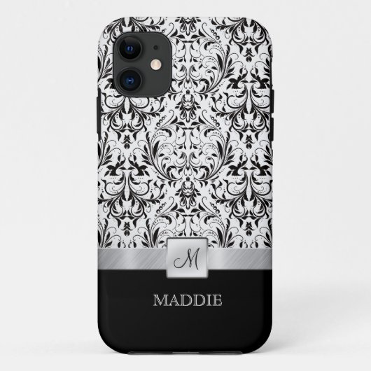 Zwart-witte  Damask met Monogram Case-Mate iPhone Case (Achterkant)