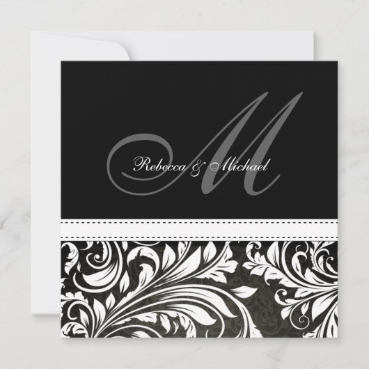Zwart-witte Damask Monogram Invitaties Kaart (Voorkant)