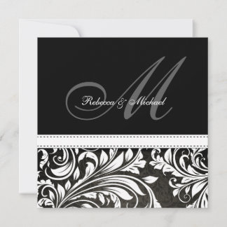 Zwart-witte Damask Monogram Invitaties Kaart