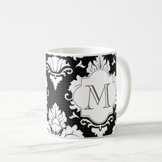 Zwart-witte Damask Monogrammed Mok (Voorkant rechts)