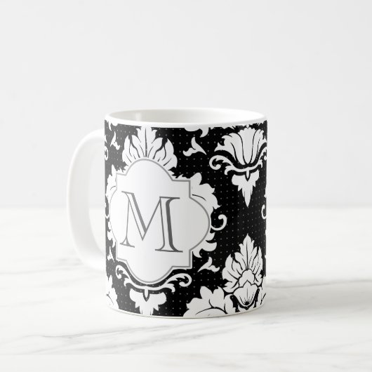 Zwart-witte Damask Monogrammed Mok (Voorkant links)