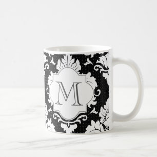 Zwart-witte Damask Monogrammed Mok